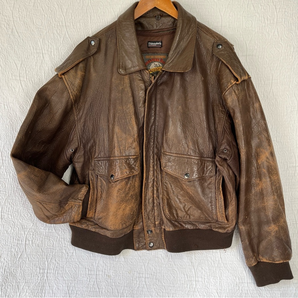 Vintage Adventure Bound Brown Leather Bomber Jacket Mens L Distressed Aviator